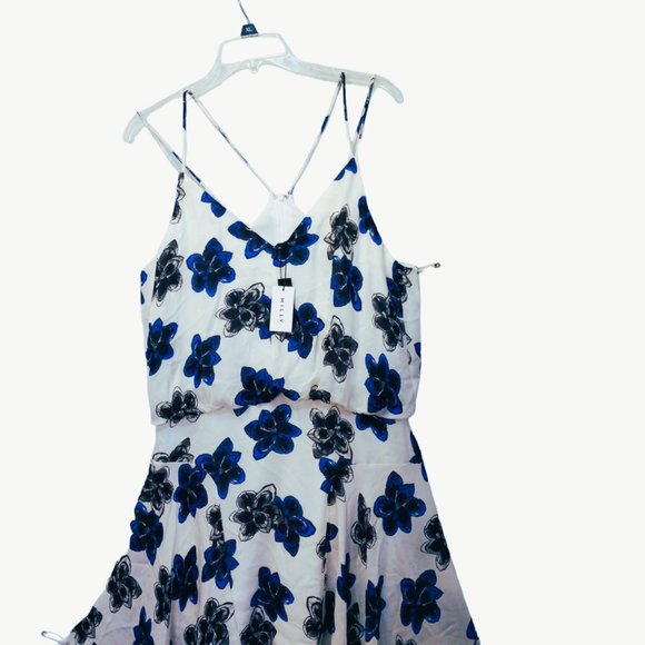 Milly Silk Dress Sz 14 NWT Blouson Tank Strappy Mini White Blue Floral Print - Picture 8 of 15
